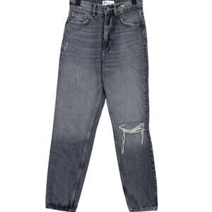 ZARA Wide Leg High Rise Vintage Distressed Cropped Jeans 2 Rinsed Black #3900